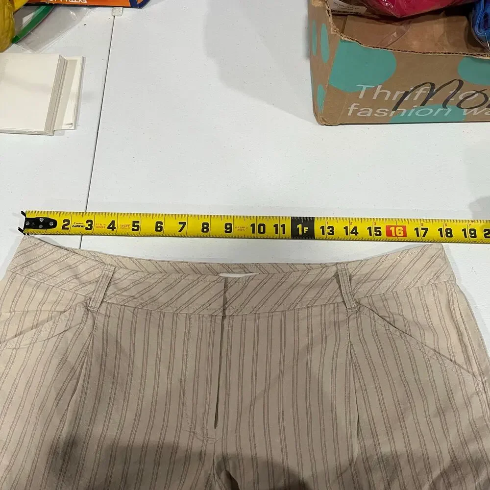 Loft Tan Stripe Linen Cotton Cuffed Shorts Womens Size 12 Pockets Summer